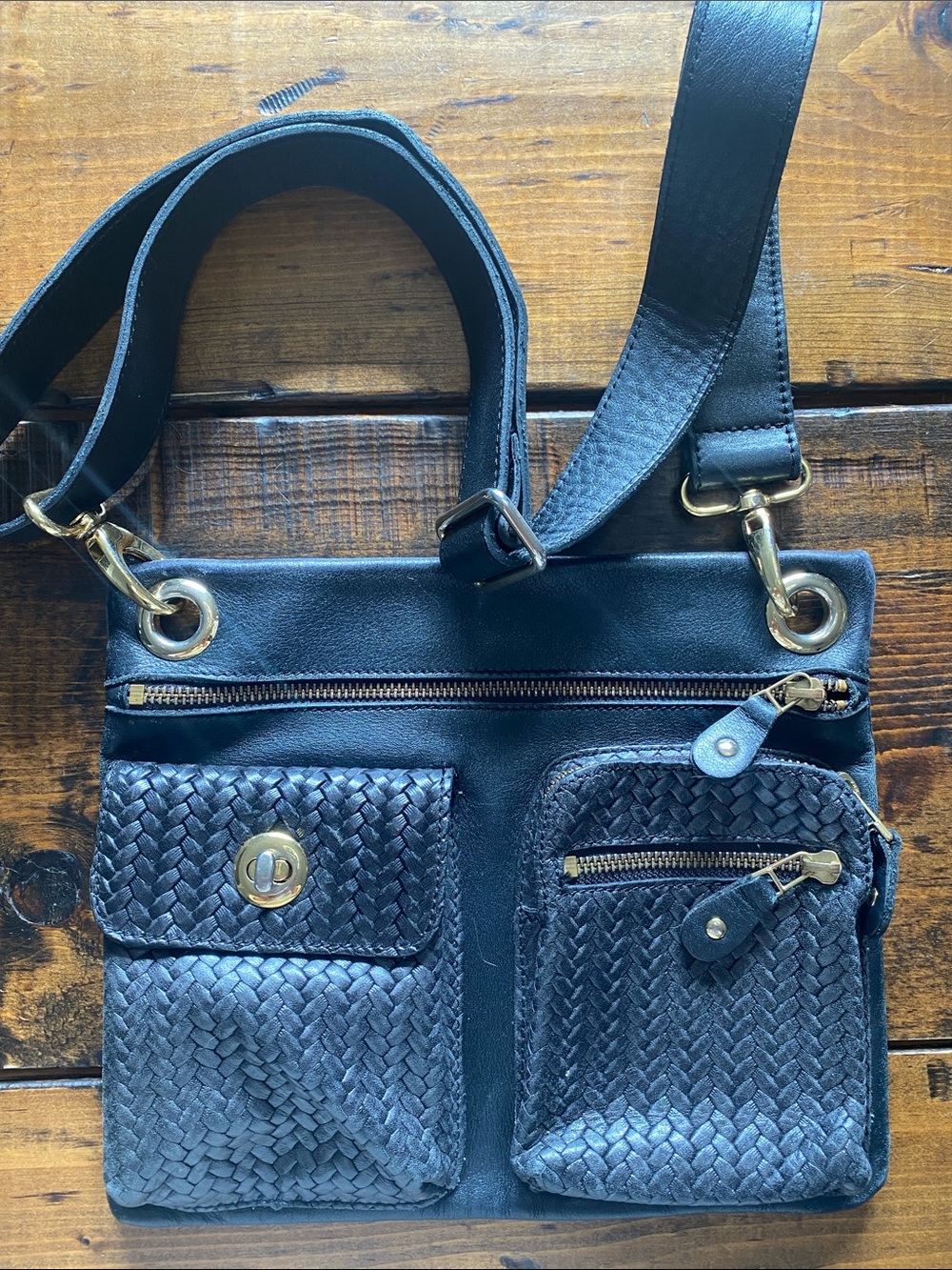 Roots Black Woven Leather Crossbody Bag with Front Pockets